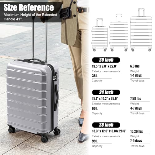 Coolife Luggage 3 Piece Set Suitcase Spinner ABS+PC Hardshell Lightweight TSA Lock USB Port, 20in 24in 28in Carry on Expandable (only 28’’), Silver