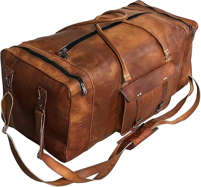Leather Duffle Bag for Men Luggage Handmade Travel Bag Carry On Luggage Weekender Bags Overnight Gym Sports Cabin Holdall Bag For Airplanes Men And Women (34 Inch Brown)