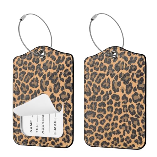 Seorsok 2 PCS Luggage Travel Tags for Suitcases,Cute Brown Leopard PU Leather Name Tag with Privacy Cover&ID Label Address Card and Durable Metal Ring Suitable for Men Women Handbags Backpack,Brown