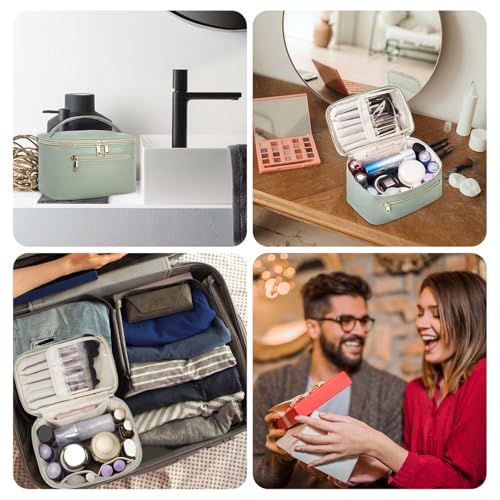 Wandering Nature Makeup Bag, Travel Make Up Organizer Cosmetic Brush Bags Case for Women in Vegan Leather, Sage Green, Patent Pending