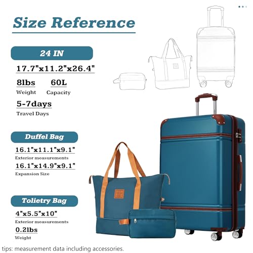 Merax 24 IN Luggage with Bags, Suitcase with Spinner Wheels, Vintage Expanded Luggage with TSA Lock Lightweight(Blue)