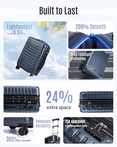 LIGHT FLIGHT Expandable Carry On Luggage 22x14x9 Airline Approved with Double Spinner Wheels, 20 Inch Lightweight Hard Shell Rolling Suitcases with TSA Lock, Dark Blue