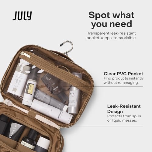 July Hanging Toiletry Bag with Hidden Hook, Clear & Leak-Resistant PVC Pocket, Toothbrush Tab, Water-Resistant Nylon and Leather Trims - Travel Essentials Bag, Bathroom Travel Organizer - Light Brown