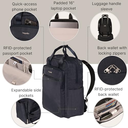 Baggallini Commuter Laptop Backpack - Lightweight 15x11 Travel Backpack w/RFID & Luggage Sleeve
