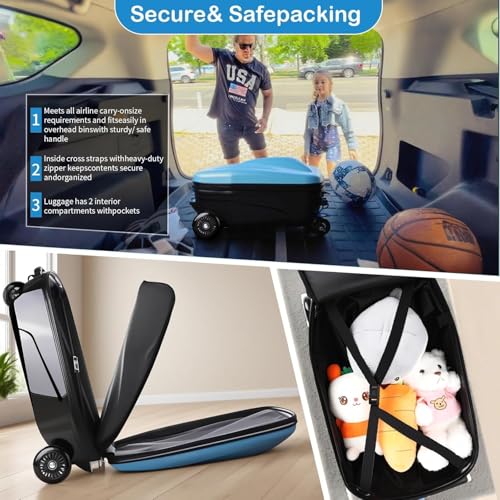 GDLHY 2-in-1 Ride-On Scooter Suitcase,Carry On Hardshell Ride On Suitcase Scooter for Kids Age 4-15, Multifunctional Ride On Lightweight Kids Luggage with Wheels(Size:Blue)