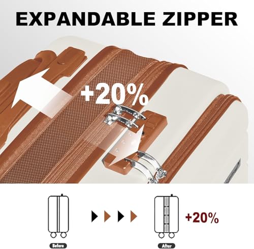 KEYTANG Explorer 20 Inch Carry On - Hardshell Suitcases with Front Pocket, White Brown