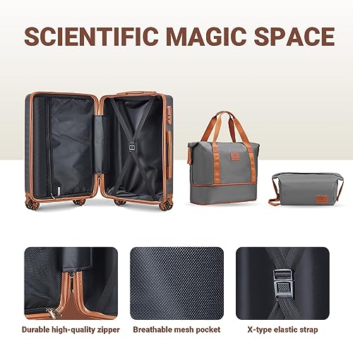 Joyway Carry on Luggage Sets 3 Piece with Spinner Wheels,Hardside 20 Inch Carry-on Suitcase 22x14x9 Airline Approved with Combination Lock, Grey Brown