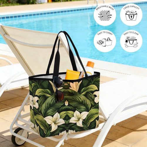 White Lily Flower Mesh Beach Bag,Tropical Bloom Floral Green Leaf Large Beach Tote Waterproof Sandproof Swim Toys Pool Bag