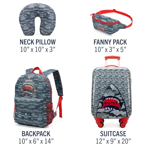 NAUTICA Kids Luggage - 18" Airline Approved Rolling Hardside Upright Carry-on Suitcase Set with Wheels (Shark Attack | 5pc Travel Set)