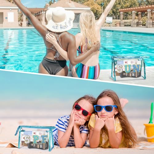 COSHAYSOO Clear Sunscreen Makeup Bag Beach Vacation Essentials Waterproof Summer Pool Must Have Accessories for Women Teen Girls Gifts, European Airplane Cruise Tropical Travel Toiletry Pouch Blue SUN