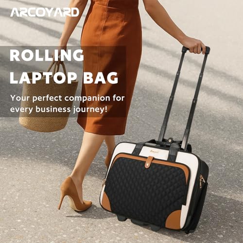 Arcoyard Rolling Laptop Bag, Rolling Briefcase for Women with Waterproof Pocket, 16 Inch Computer Bag, Underseat Carry On Luggage with Wheels for Work Travel Business, Lightweight Beige Brown