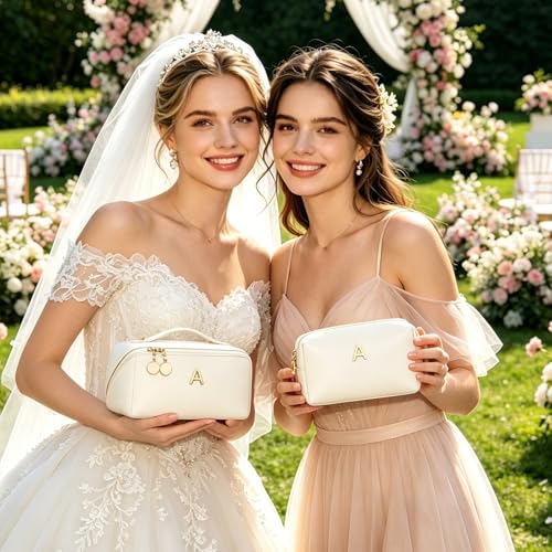 CLOUDWINGS Birthday Gifts for Women Teen Girl, Personalized Initial Makeup Organizer Bag Set, Open Flat Travel Cosmetic Bag With Clear Divider and Handle(Beige,A)