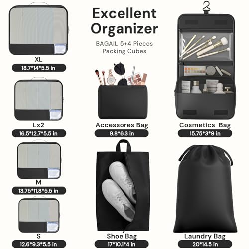 BAGAIL 9 Set Packing Cubes with Packing List Luggage Packing Organizers for Travel Accessories (Black)