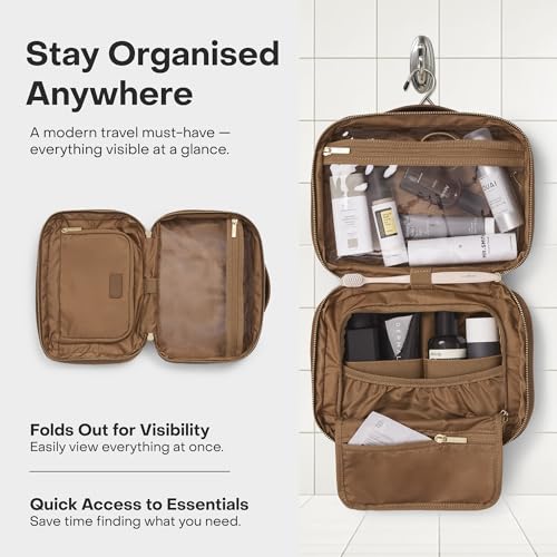 July Hanging Toiletry Bag with Hidden Hook, Clear & Leak-Resistant PVC Pocket, Toothbrush Tab, Water-Resistant Nylon and Leather Trims - Travel Essentials Bag, Bathroom Travel Organizer - Light Brown