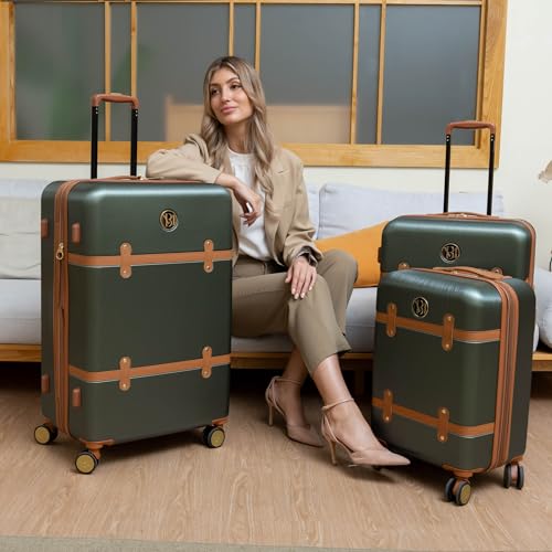 Badgley Mischka Grace 3 Piece Polycarbonate-ABS Expandable Retro Luggage Set (Olive Green)
