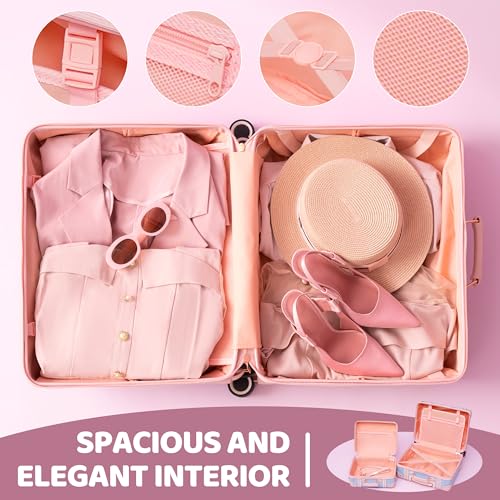 Miss.Box Vintage Carry On Luggage Set with Wheels for Women, Retro Trunk Style PU Leather Suitcase with Matching Vanity Case, 14” & 18” Set