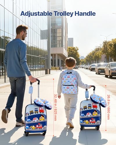 VEVOR Kids Luggage Set, 5 Piece, 18 Inch Hardside Rolling Wheels Suitcase with Backpack & U-shape Pillow, Truck Kids Carry on Luggage Set, Holiday Birthday Gift for Girls Boys, Airline Approved