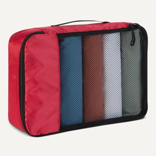 Amazon Essentials 4-Piece Packing Cubes Travel Accessories Set, Luggage Organizer, Double Zipper, Mesh Top, Space-Saving Suitcase Organizer, Small/Medium/Large/Slim, Red (Previously Amazon Basics)