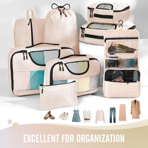Veken 8 Set Packing Cubes for Travel Essentials, Suitcase Organizer Bags in 4 Sizes, Carry-On Luggage Accessories with Laundry Bag, Airplane Must Have, Gifts for Women Men