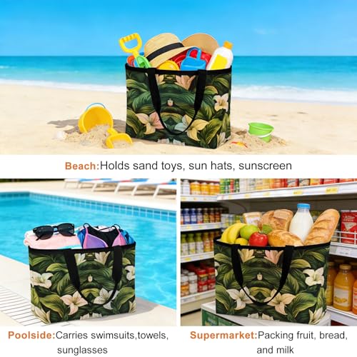 White Lily Flower Beach Bag for Women, Large Breathable Mesh Beach Tote Bag, Tropical Bloom Floral Green Leaf Sandproof Lightweight Travel Bags for Vacation Picnic Swimming Pool 15.7"x15.7"x9.1"