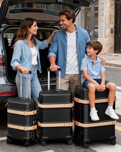 Joyway Durable Luggage Sets, 3 Piece PC+ABS Hardshell Suitcases with 2 Exterior Straps, Expandable 20 Inch & 24/28 Inch Travel Set with Spinner Wheels, TSA Lock, YKK Zipper, Black