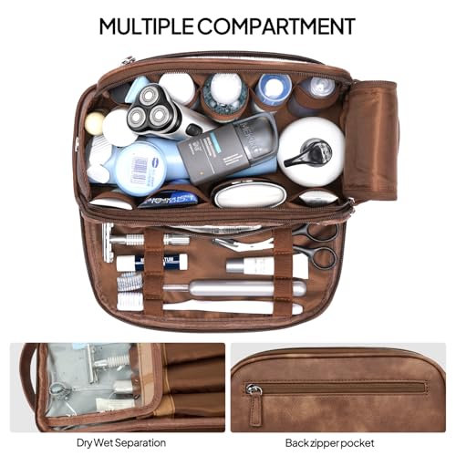 TOPEAST Toiletry Bag for Men, Large PU Leather Dopp Kit with Waterproof Wet Pocket, Double Layer Travel Toiletry Organizer with Brush Compartment, Shaving Bag with Handle, Brown