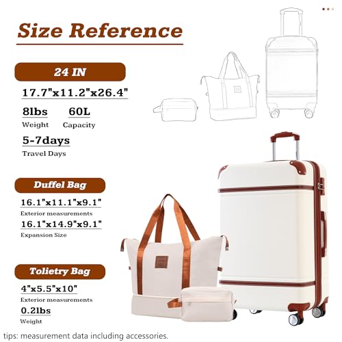 Merax Luggage Set,24 IN Hardside Suitcase with Duffel Bags,3 Piece Expandable Luggage with Spinner Wheels, Vintage Luggage with TSA Lock Lightweight,(White)