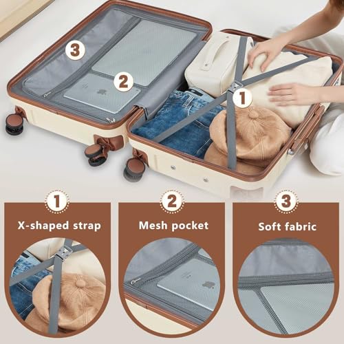 NEISIA Luggage Sets 3 Piece with TSA Lock Hardside PC+ABS Carry On Suitcase with Spinner Wheels Lightweight Rolling Travel Luggage Sets with YKK Zippers (Beige)