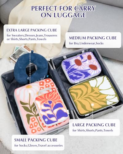 Gonex Compression Packing Cubes, 4pcs Expandable Storage Travel Luggage Bags Organizers, Travel Cubes for Suitcase Carry On (Flowers)
