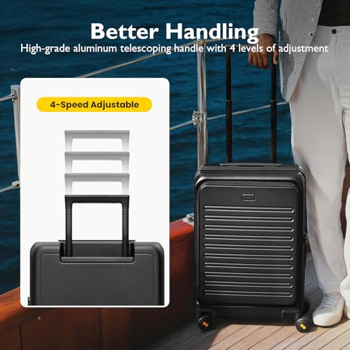 LEVEL8 Top Opening Carry on Luggage with Narrow Trolley Handle, Large Suitcases with Wheels Airline Approved, Expandable Hardside Luggage with Spinner Wheel for Men Women, 20 Inch, Black