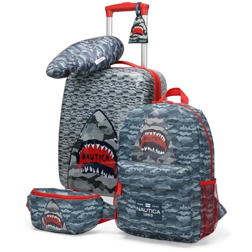 NAUTICA Kids Luggage - 18" Airline Approved Rolling Hardside Upright Carry-on Suitcase Set with Wheels (Shark Attack | 5pc Travel Set)