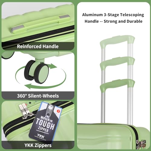 WireHot Lightweight Luggage with Spinner Wheels & YKK Zipper, 3-Piece Travel Suitcase ABS+PC Hardshell Luggage Set with TSA Lock, Light Avocado Green (20+24+28 inch)
