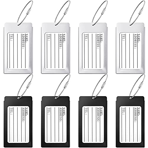 8 Pieces Luggage Tags Business Card Holder Aluminium Metal Durable Travel ID Bag Tag Bulk for Suitcases Backpacks Baggage Name Address Label Identifier(Silver, Black)