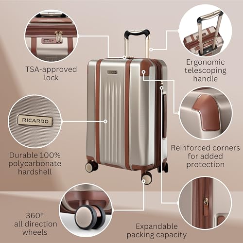 Ricardo Beverly Hills Montecito 2.0 Hardside with Dual Spinning Wheels, Expandable with Comfort Grip for Easy Packing and Moving, Men and Women, Champagne, Carry-On 21-Inch