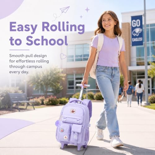 CCJPX Rolling Backpack for Girls Women, 21 inch Roller Wheels School Bookbag, Wheeled Suitcase Backpacks with Lunch Bag for Teen - Purple
