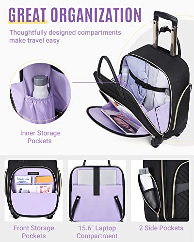 LIGHT FLIGHT Rolling Laptop Bag Women Men Rolling Briefcase 15.6 Inch Computer Bag with Spinner Wheels, Water-resistant Roller for Carry on Business Travel, Quilted Black