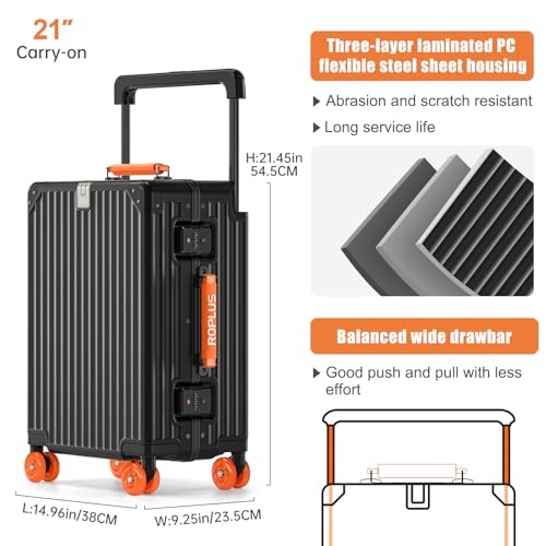 ROPLUS Aluminium Frame Carry on Luggage with Smooth Jelly Wheels, Hardside Zipperless Rolling Suitcase with TSA Lock (BlackOrange, 21-Inch)