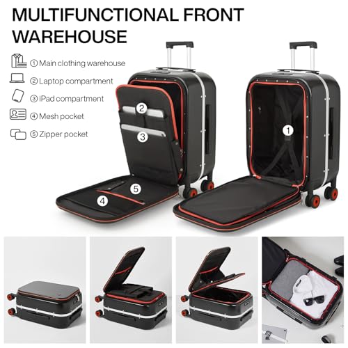 mixi Carry On Luggage, 20'' Suitcase with Front Pocket, Travel Rolling Luggage Aluminum Frame PC Hardside with Spinner Wheels & TSA Lock and Cover - Black