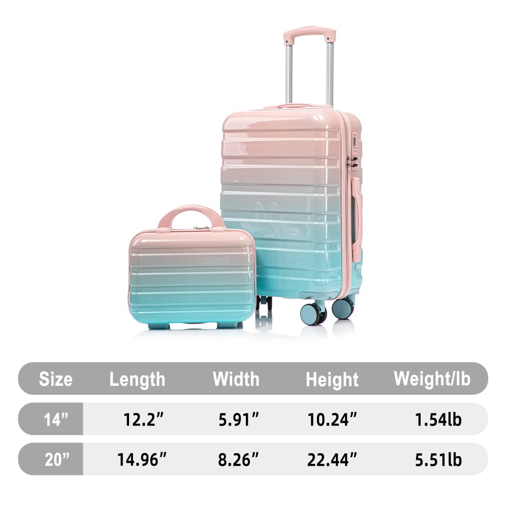 Luxebough Gradient Color Suitcase 2-Piece Set, 20" Rotating Wheel Suitcase with 14" Cosmetic Case, Lightweight Durable Hardshell Luggage with 360° Spinner Wheels for Travel, Women & Girls (Blue+Pink)
