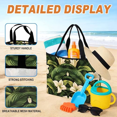 White Lily Flower Mesh Beach Bag,Tropical Bloom Floral Green Leaf Large Beach Tote Waterproof Sandproof Swim Toys Pool Bag
