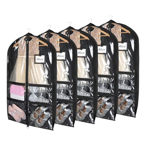 Syeeiex 3" Gusseted Clear Dance Costume Garment Bag(5 Pack), 40'' Dance Garment Bags for Dancers with 4 Zipper Pockets & Can Hold 1-3 Dance Costumes - Suitable for Dance Competitions, Ballet(Black)