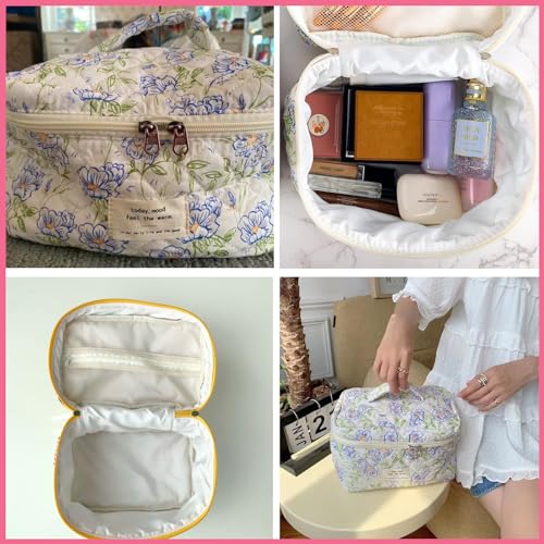 uekeboag Large Travel Quilted Makeup Bag for Women, Floral Cotton Cosmetic Bag, Coquette Aesthetic Floral Toiletry Organizer Bag (01Lithtblue-flower)