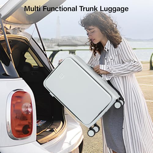 Hanke 20 Inch Carry On Luggage with Cup Holder and Charge,Top Opening Hard Shell Suitcases with Wheels and Dividers,Aluminum Frame Trunk Luggage Small Suitcase with Lock for Travel,Smoke White
