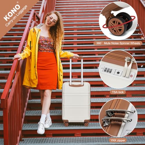 Kono Luggage Set 4 Piece Carry On Hardside Luggage with TSA Lock Spinner Wheels Lightweight PC+ABS Carry On Suitcase Cream White