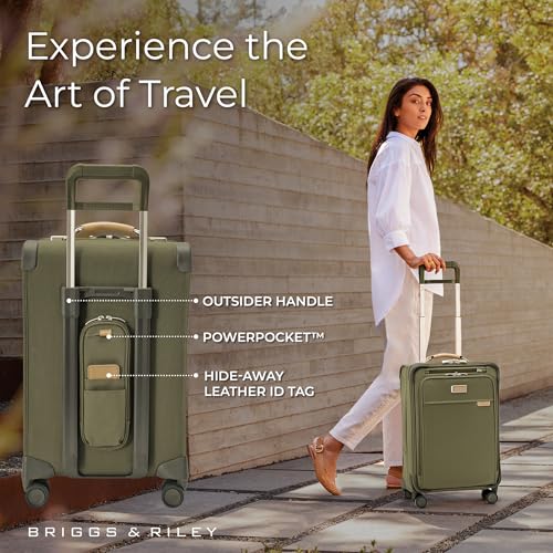 Briggs & Riley Essential 22" Carry On Expandable Spinner - Luggage for Travel, Suitcases with Wheels, Softside Rolling Bag for Men & Women, Self-Repairing Zipper - Baseline Collection, Olive