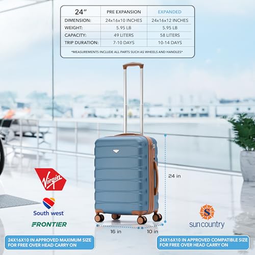 Flight Knight 24x16x10 Expandable Carry On Suitcase Hardside TSA Lock USB C Lightweight Luggage Silent Double Spinner Wheels Maximum Overhead Carry-On Bag For Virgin South West Approved Blue/Tan