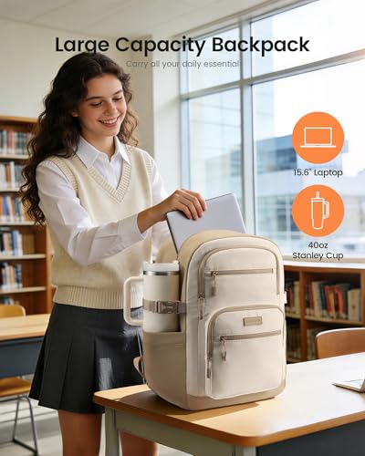 LOVEVOOK Laptop Backpack for Women, School Backpack for Girls & 15.6 Inch Laptop Work Bag, Large Capacity Bookbag for Students with Tumbler Holder