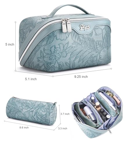 BOYATU Travel Makeup Bags Cosmetic Organizer Bag: 3 Pcs Set Large Capacity Floral Make up Bag with Compartments - Waterproof Leather Toiletry Bags with Handle for Women (01-Light Blue)