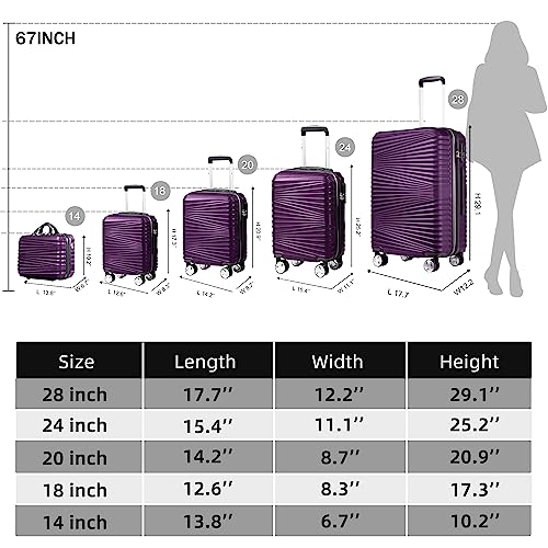 LARVENDER Luggage 5 Piece Sets, Hard Shell Luggage Set Expandable Carry on Luggage Suitcase with Spinner Wheels Durable Lightweight Travel Set for Men Women, Grape Purple