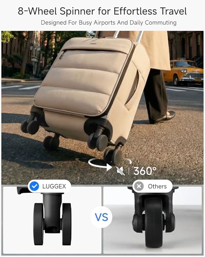 LUGGEX 18x14x8 Underseat Carry On Luggage with Spinner Wheels, UDS Softside Lightweight Suitcase for 2-Day Travel(UX-Pro, Black, 18x14x8)